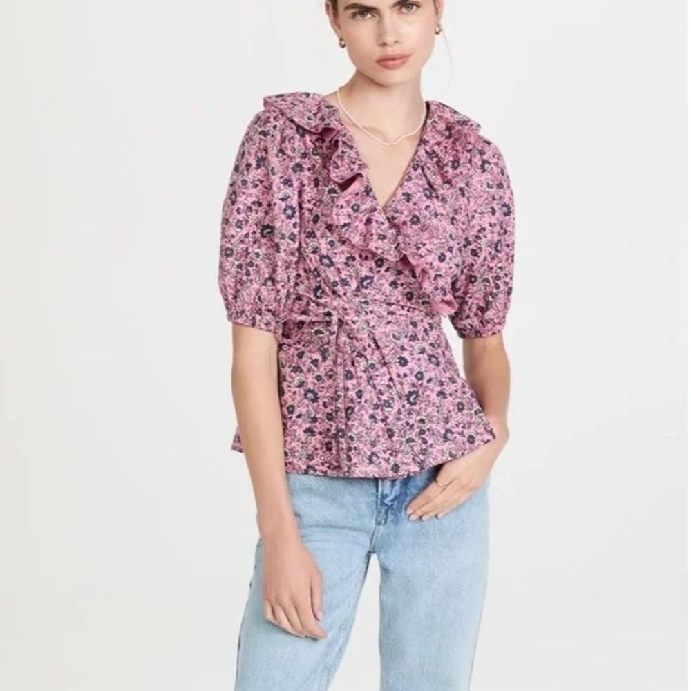 ROLLER RABBIT Cluny Brita Wrap Top Pink Floral Ruffle V Neck Puff Sleeve (D10)